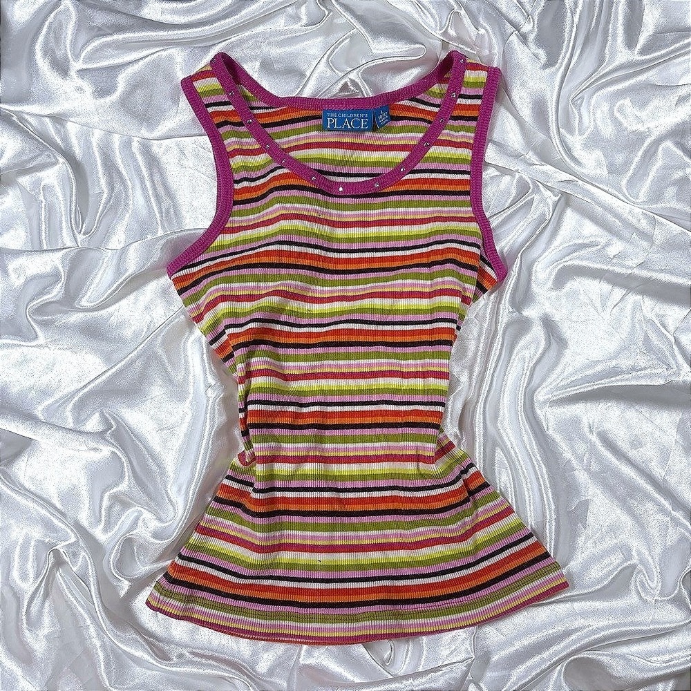 y2k Striped Tank Top Multicolor Rhinestone Ribbed Knit Kids L 10/12